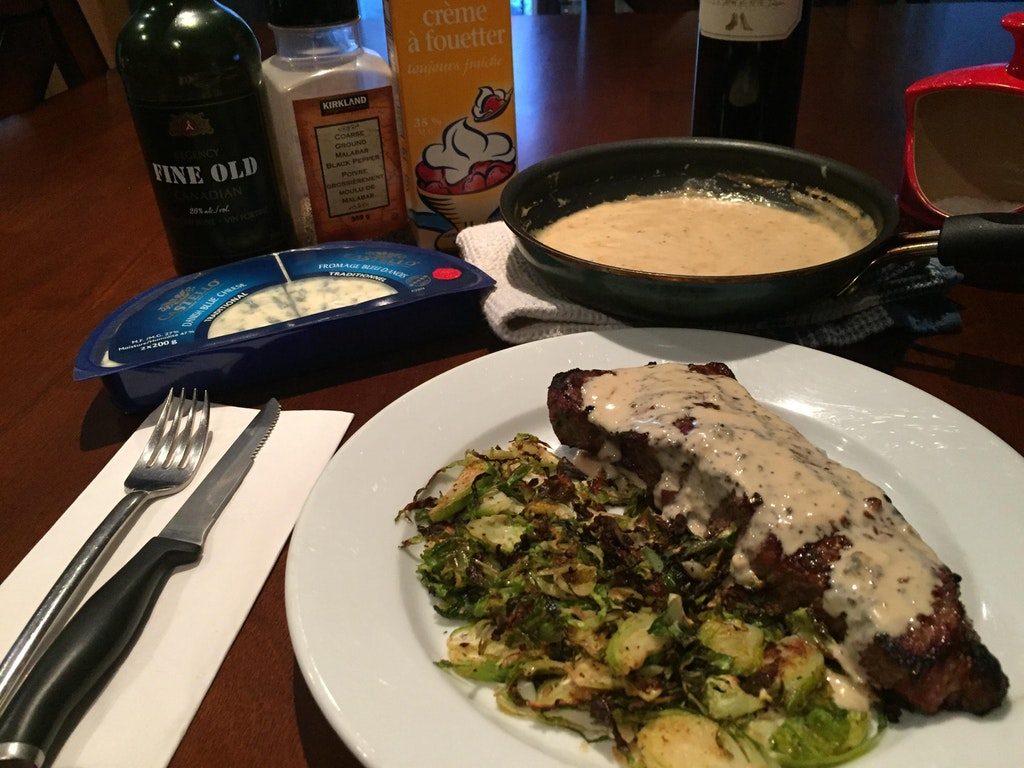 Bleu Cheese, Sherry, cream sauce with NY strip and shaved brussel sprouts
